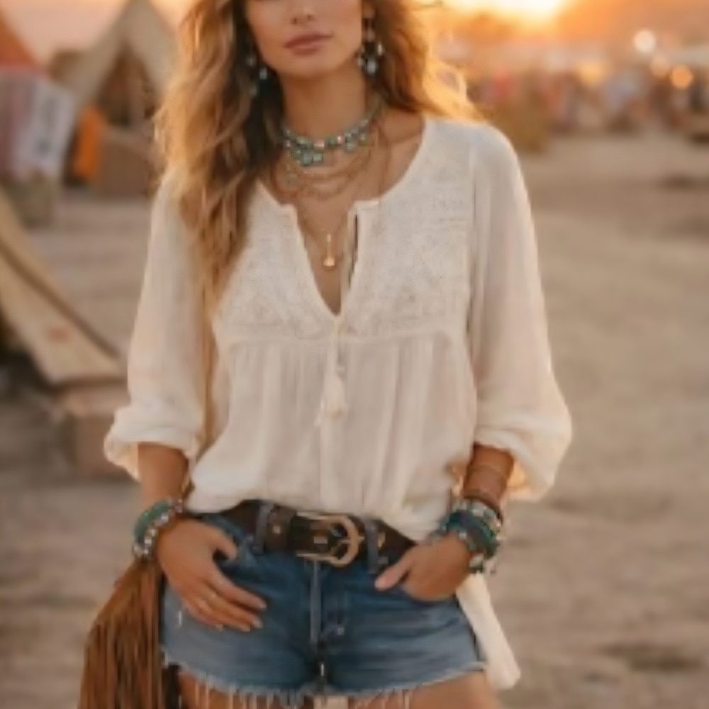 Denim & Supply Ralph Lauren Cream Lace-Front Peasant Tunic